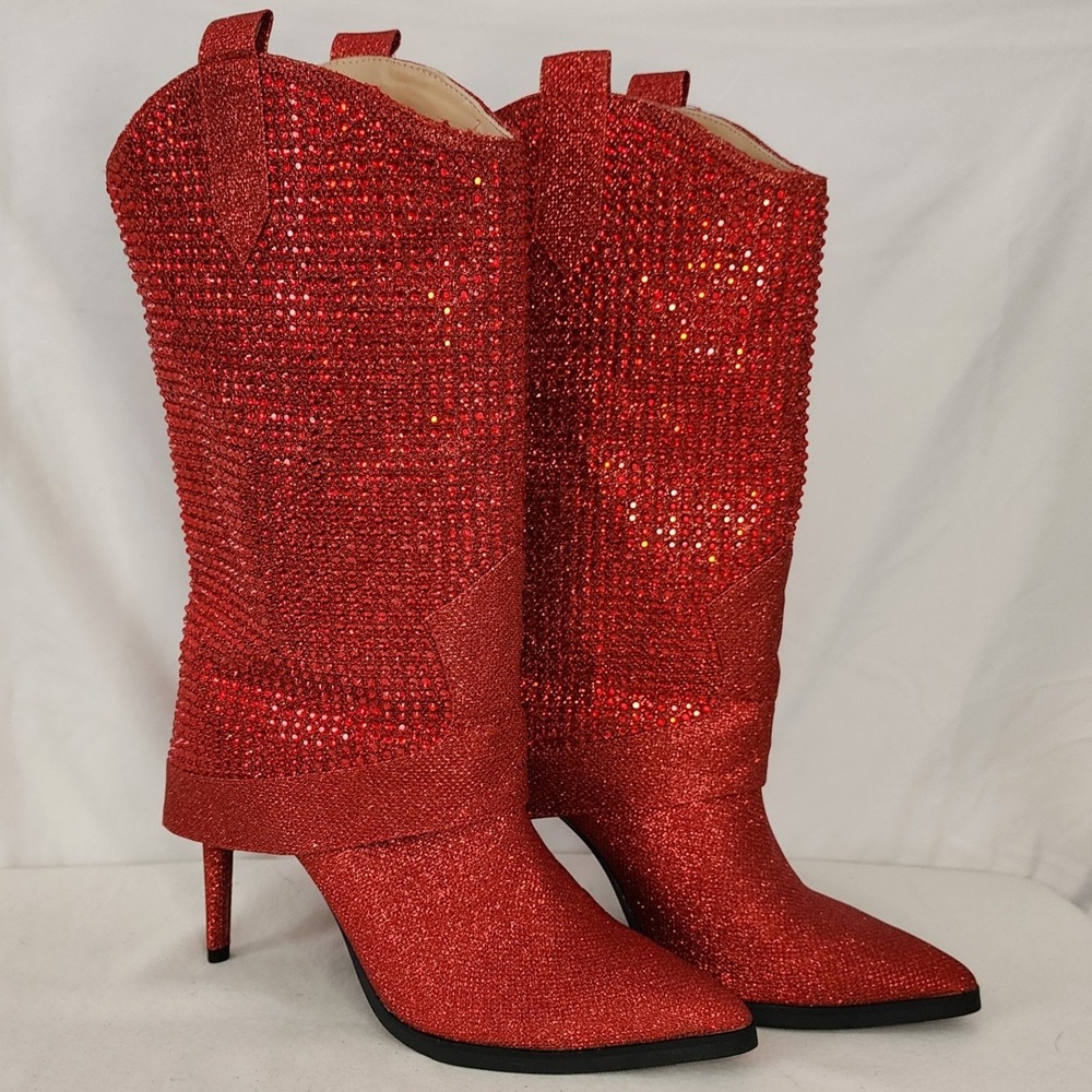 Thalia Sodi Nellie Red Glitter Rhinestone Western Stiletto Boots 8.5M